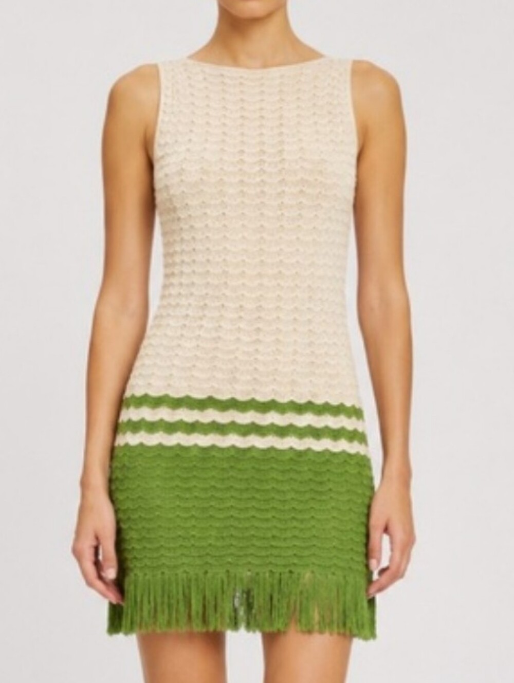 "Birdie" Crochet Sleeveless Knit Fringe Mini Dress by Torn by Ronny Kobo Cream L